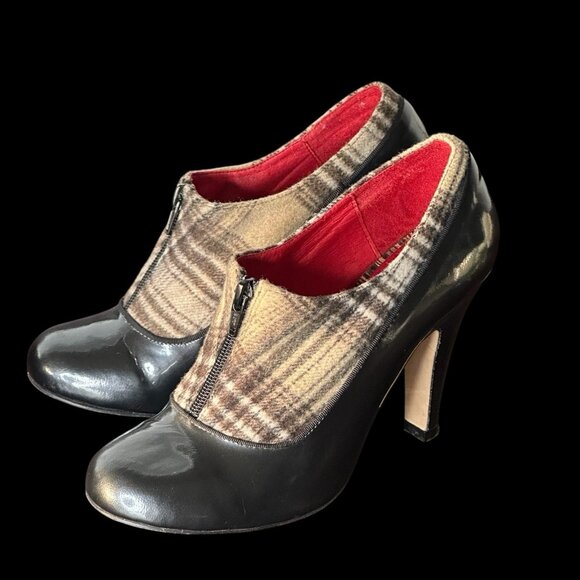 Tracy Porter 8 Booties Patent Leather Gray Plaid Zip Fabric 4" Pumps Shoes Heels - Picture 1 of 10